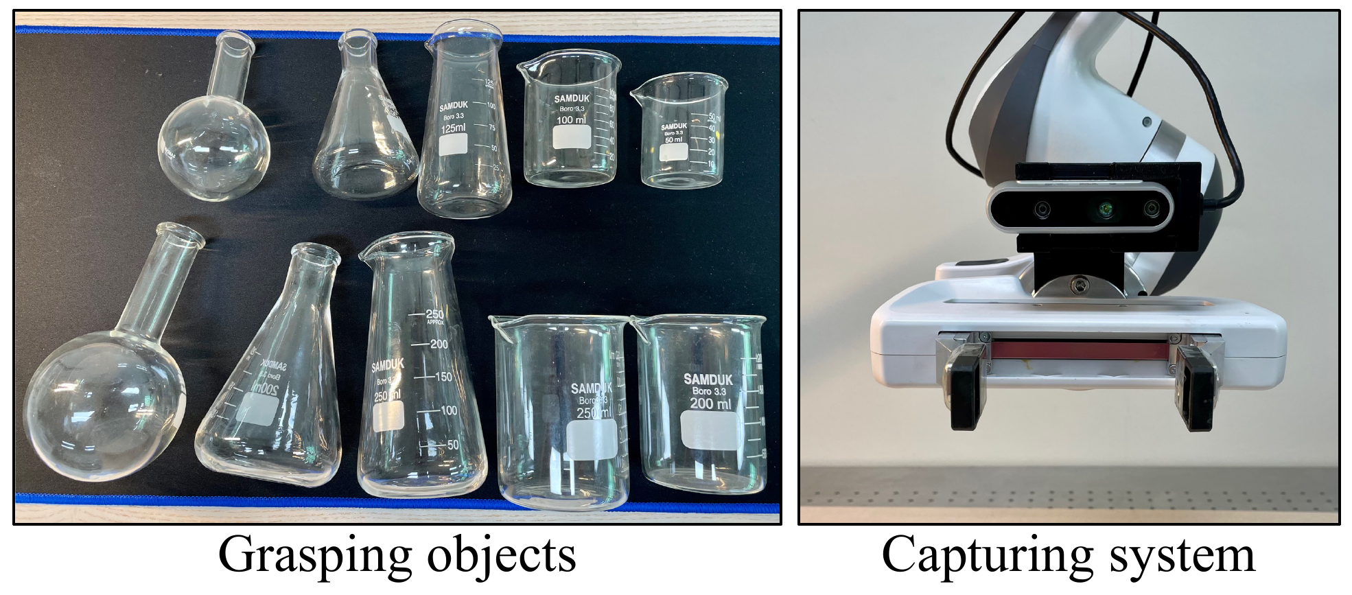 Ten glass laboratory objects used for grasping, and the RealSense D435i camera mounted on the Franka Panda gripper